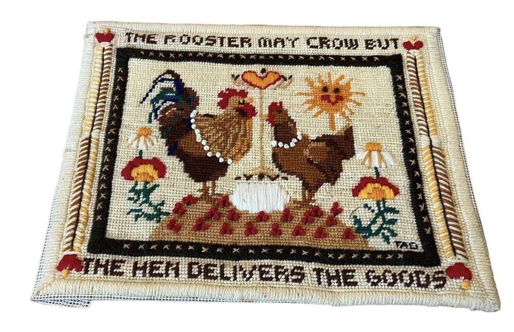 VTG Needlepoint Rooster & Hen Ready To Frame "The Hen Delivers the Goods" 11x14”